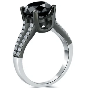4.35 ct Black Round Diamond Engagement Ring Black Silver Lab-Created Jewelry - Picture 1 of 2