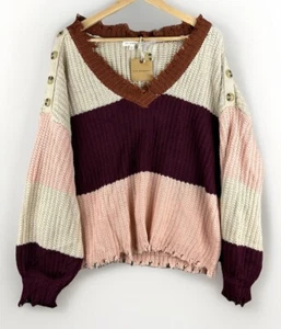 NWT Blu Pepper Women's Sweater Size Large Distressed Fringe Festival Boho Stripe - Picture 1 of 11