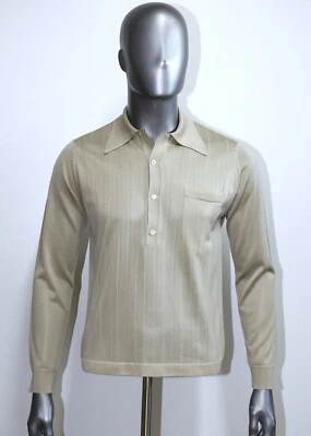 French Vintage 70s MONTAGUT PARIS polyamide long sleeves beige polo shirt size M - Image 1 of 4