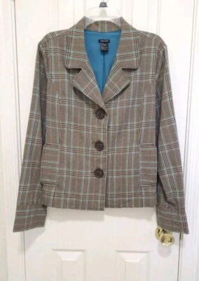 Maurices Career Jacket Blazer Coat XL Brown Blue Plaid Button Lined Pockets EUC - Image 1 of 4