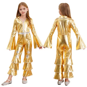 Kids Girls Jumpsuit Zipper Costume Retro Bodysuit Dance Catsuit Smooth Romper - Picture 1 of 55