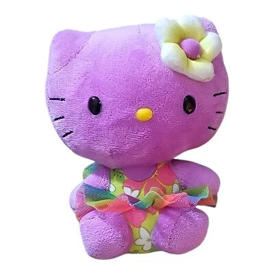 Plush TY Purple Hello Kitty Sanrio 6" Wearing Tropical Dress And Flower - Image 1 of 4