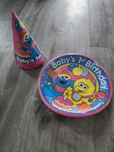 Vintage Sesame Street Babys 1st Birthday Party Hats/plates Set Of 6 Each NEW  - Picture 1 of 6