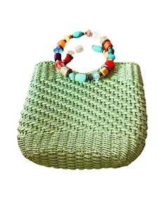 Cappelli Straworld Handbag Woven Beaded Handle Lime Green Purse - Picture 1 of 4