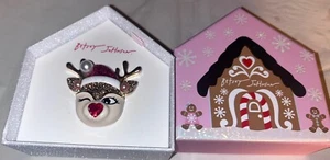 Betsey Johnson CHRISTMAS Bling Reindeer Brooch Pin Gold Tone Red Crystal NWT $48 - Picture 1 of 5