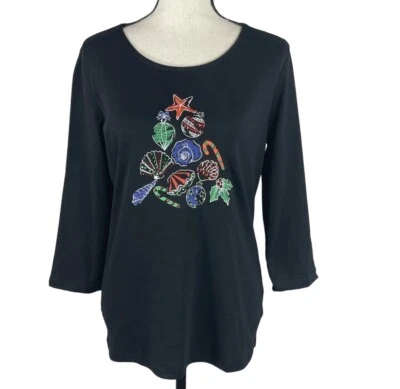 Karen Scott Medium Top Holiday Festive Christmas Sea Shells 3/4 Sleeve Stretch - Image 1 of 4