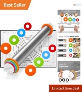 17" Stainless Steel Rolling Pin w/ 4 Rings & Mat for Pizza, Pastries, Cookies - Picture 1 of 9