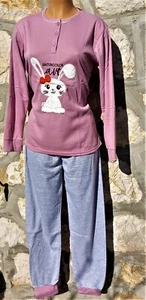 PYJAMA FEMME COTON MOLLETONNE. " LAPIN " F 1178. VIEUX ROSE. - Foto 1 di 7