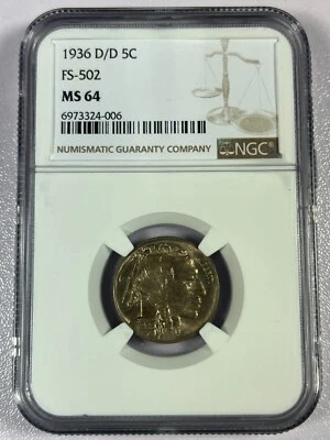 1936-D/D MS64 Repunched Mintmark FS-502 Buffalo Nickel - Image 1 of 3