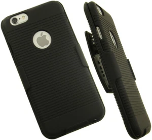 BLACK RIBBED HARD SHELL CASE + BELT CLIP HOLSTER HOLDER FOR APPLE iPHONE 6 6s - Picture 1 of 11