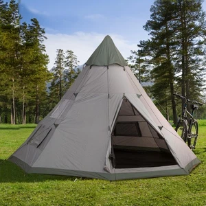 6 Man Tipi Tent, Water-Resistant Walls Mesh Windows Zipped Door Grey - Picture 1 of 11