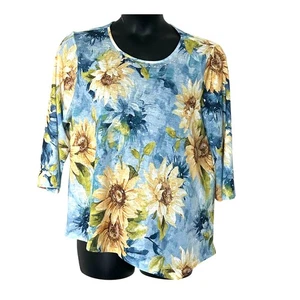 Alfred Dunner Shirt Womens 1X Blue Yellow Sunflower Floral Print Long - Picture 1 of 7
