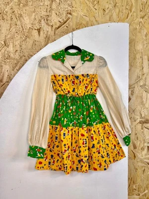 Vestido infantil años 70 verde y amarillo estampado novedad abotonado Foto 1 de 4