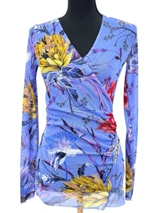 Jean Paul Gaultier Fuzzi Mesh Langarm Wickel Top Large Blau Blumen Tief V - Bild 1 von 8