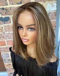 Ombre Caramel Ash Blonde Wavy Bob Wigs 100% Human Hair Lace Front Wigs 13x4 - Picture 1 of 9