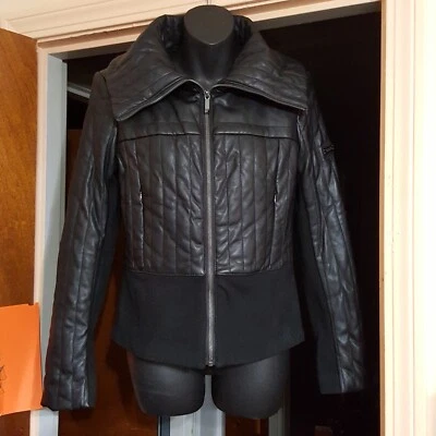 Women's Black Faux Leather BCBG MAXAZRIA Long Sleeve Zip Up Jacket. Sz S - Image 1 of 4