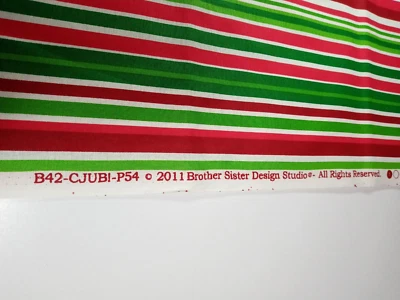 Brother Sister Design Studio Fabric-2 Yards x 44"-Red/Green/White Stripes-NEW - Image 1 of 2