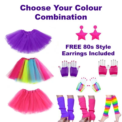 Años 80 Mujeres Niñas Vestido Elegante Disfraz Tutú Falda Calentadores de Piernas Guantes Pendientes   Foto 1 de 4