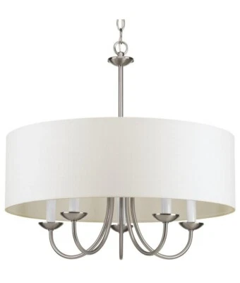 ​Progress Lighting P4217-09 Drum Shade Brushed Nickel White Farmhouse Chandelier - Image 1 of 4