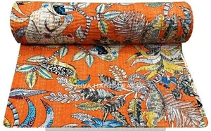 Indiano Regina Handmade Scimmia Serigrafato Cotone Arancione Copriletto Kantha - Foto 1 di 5