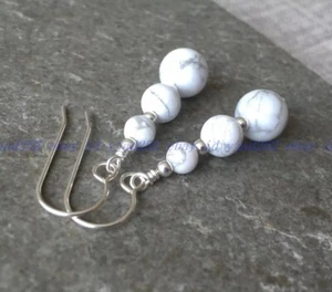 White Howlite 6-8-10mm Round Gemstone Beads Drop Hook Earrings Gift - Picture 1 of 12