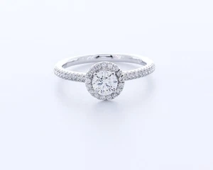 0.9CT Lab-Created Diamond E/VVS1 Round Cut 18K White Gold Prong Halo Accent Ring - Picture 1 of 4