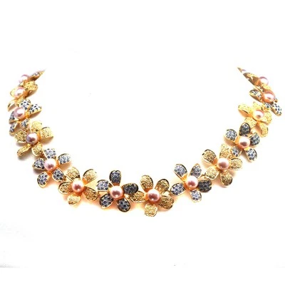 925 Silver 7 MM. Pink Pearl & Blue - Yellow Sapphire Two Tone Necklace 19.5" - Image 1 of 4