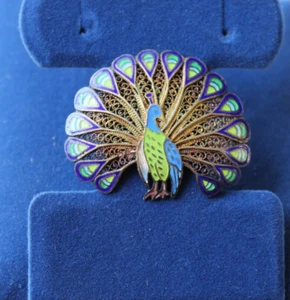 Prendedor TOPACIO PAVO REAL 925 Esmalte 5 gramos Azul Verde Filigrana Detalles Nunca Usado - Imagen 1 de 7