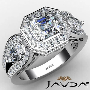Halo 3 Stone Asscher Diamond Engagement Ring GIA I Color & VS2 clarity 2.86Ctw - Picture 1 of 27