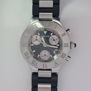 Cartier Chronoscaph 21 Watch 2424 Chronograph Quartz Mens 38.5mm Swiss Made - Picture 1 of 17