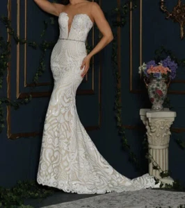 Ashley & Justin 10604 Wedding Dress 10 White & Nude Illusion Sequins Mermaid - Picture 1 of 17
