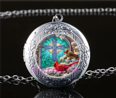 Collar Cadena Plata Colgante Cabujón Cruz Pájaro Cardenal CABUJÓN EE. UU. #173 Foto 1 de 3