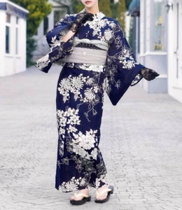 Japanischer Sommer Kimono Yukata Morgenmantel Marineblau Retro Blumen Muster Obi Set Damen - Bild 1 von 11