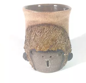Ugly Cute Face Mug Cup Choir Singer Brown Stoneware Pottery Signed 2 faces - Picture 1 of 6