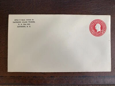 USA ENVELOPE MINT 2 CENTS GEORGE WASHINGTON LAURENS GLASS WORKS - Image 1 of 2