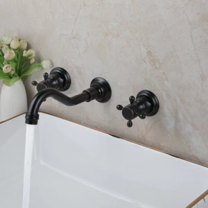 Rubinetto bagno lavabo vanità lavandini a parete 3 pezzi olio bronzo rubinetto miscelatore 2 maniglie - Foto 1 di 11