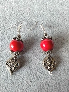 CHERRY RED AND NICKEL SILVER EARRINGS - Picture 1 of 1