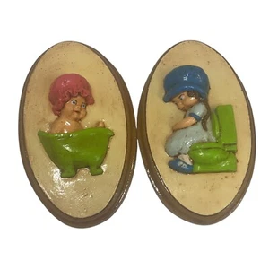 Vintage Wall Plaque Chalkware Bathroom Wall Art Decor Set of 2 - Picture 1 of 3