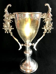 Antique Asian Silver Loving Cup Trophy Engraved Cranes Fish Handle From Portugal - Picture 1 of 10