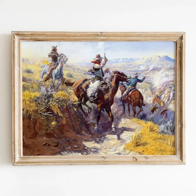 Impresión de póster de arte de pared de vaquero occidental Smoking them Out de Charles M Russell Foto 1 de 4