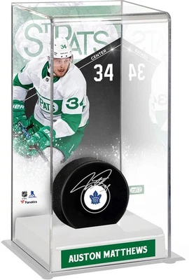 Auston Matthews Maple Leafs Signed Puck w/St. Pats Tall Hockey Puck Display Case - Image 1 of 2