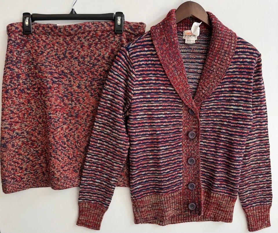 Vintage Casual Corner Women’s L Wool Blend Cardigan And Skirt Sweater Set Red - Image 1 of 4