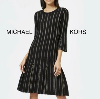 Vestido Suéter MICHAEL Michael Kors Negro y Dorado Metálico Rayas Manga Campana Foto 1 de 4