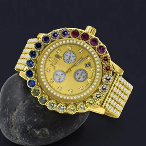 Real Diamond Solitaire Dial Rainbow Multi Gold Tone Men's Custom Xl Watch 55mm - Picture 1 of 6