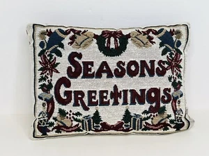 Seasons Greetings Throw Pillow Tapestry 12"x8.5" Tree Wreath Bells Gifts **READ - Picture 1 of 3