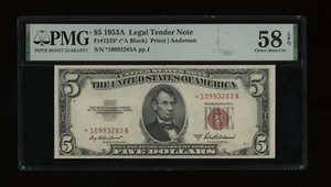 DBR 1953-A $5 Legal STAR Fr. 1533* PMG 58 EPQ Serial *10993283A - Picture 1 of 2