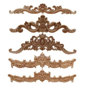 20X8Cm/7.87X3.15 4Pcs Wood Carved Applique Long Size Horizontal Decal Onlay for Home Furniture Door Cabinet Unpainted Flower Pattern European Style 