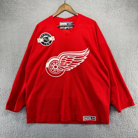 Vintage CCM Detroit Red Wings Jersey Men's Large Red Center Ice Sewn Logo 90s Cover