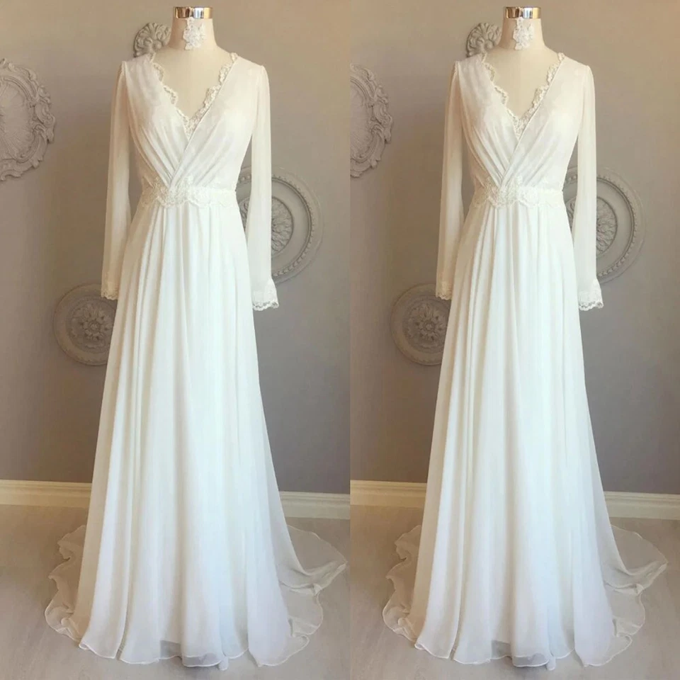 Chiffon Wedding Dresses with Long Sleeves Lace Appliques A Line Bridal Gowns - Image 1 of 4