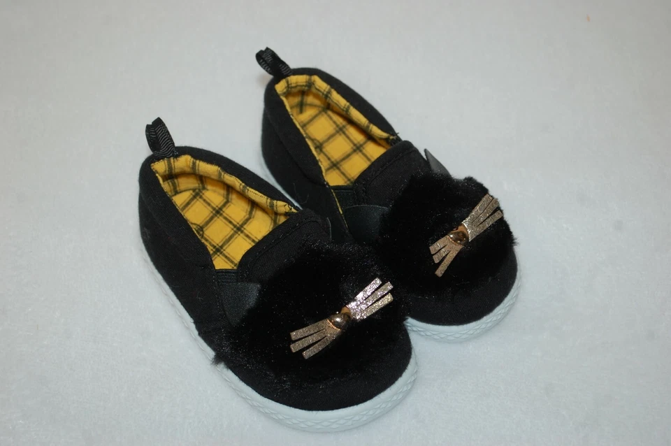 Baby Girls KITTY CAT SHOES Black Canvas Loafers FAUX FUR FACE Casual SIZE 4 5 6 - Image 1 of 1